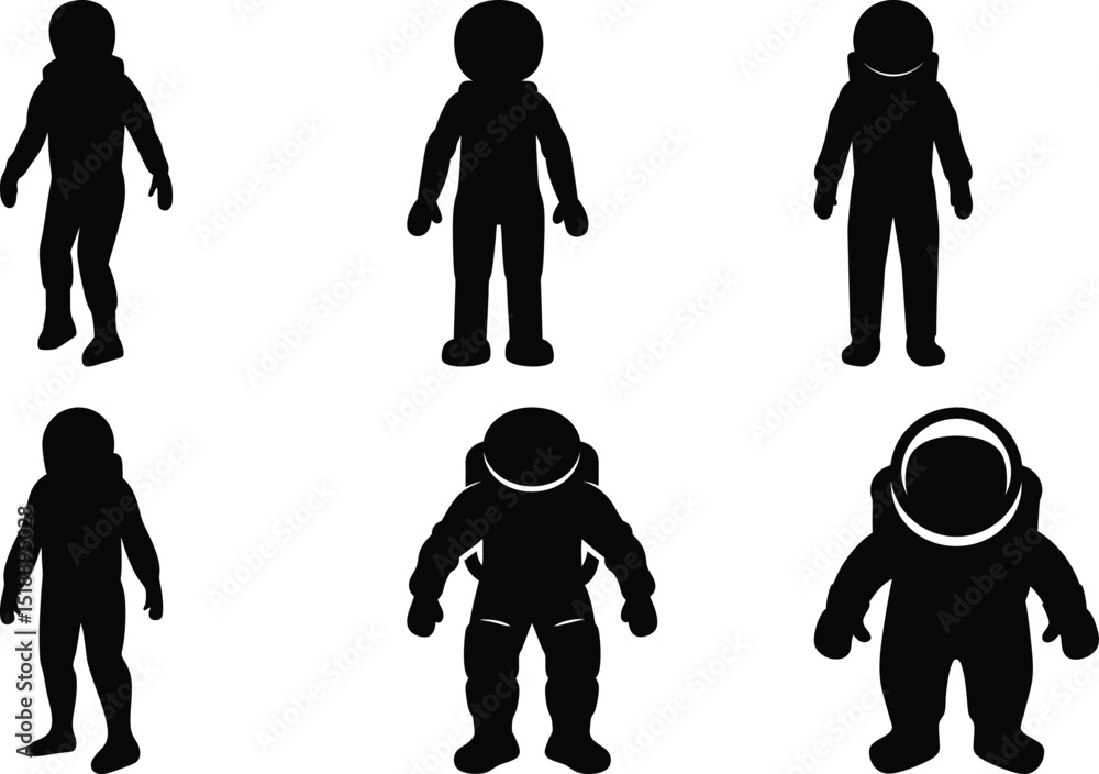 Poster silhouettes of astronauts in various spacesuits and poses on white background