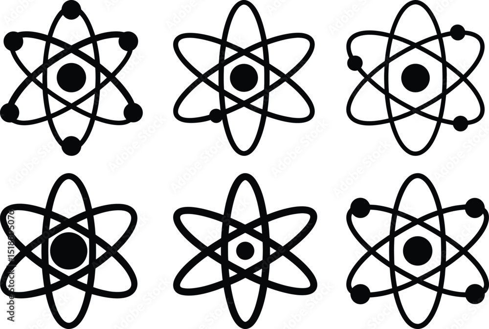 Poster collection of six atom icons showcasing different atomic structures in science