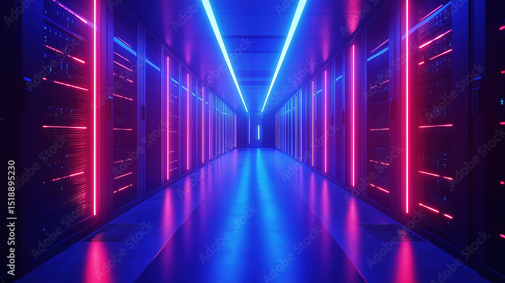 Poster blue lit corridor in server room featuring advanced data servers and organized computer racks