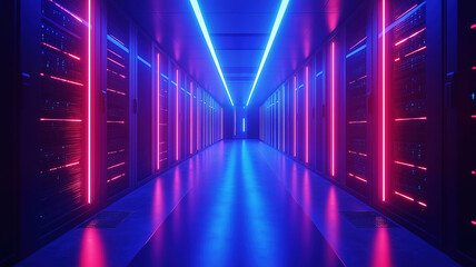 Blue Lit Corridor In Server Room Featuring Advanced Data Servers And Organized Computer Racks