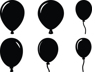 Silhouette icons of six different balloon designs, Set of six black silhouette icons depicting various balloon shapes, each with different orientations and string designs.  © PixelArtBox