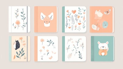 Fototapeta premium Cheerful study journals display, delightful animal motifs, creative notebook designs, educational material collection, playful patterns, soft pastel colors, artistic stationery arrangement, clean