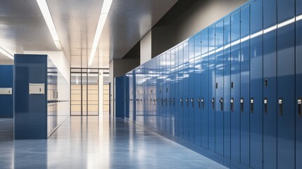 Fototapeta premium classic education facility metal lockers, deep azure blue coating, alternating open and closed doors pattern, modern storage compartments, ventilation slots, number plates, detailed hinges and
