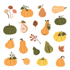 Halloween icon set. Set of autumn, festive elements. Pumpkins, cats, ghosts, leaves, potion.