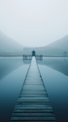 Serene tranquil lake scene with wooden pier leading to small lighthouse surrounded by misty mountains and calm water in soft blue tones for peaceful nature landscape photography