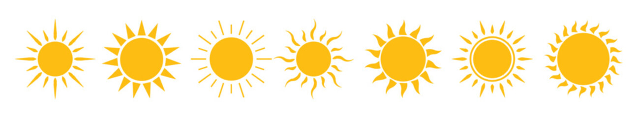 Set of sun icon. Sun icons vector isolated on white background. Vector flat design. Collection of sun stars for use in as logo or weather icon. sunset collection, summer, sunlight  stock vector..