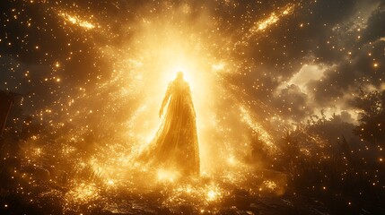 Celestial being bathed in golden light, radiating energy in a cosmic landscape