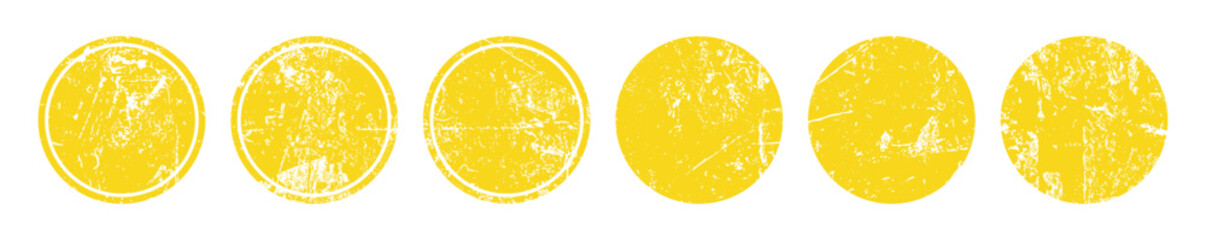 Set of Yellow grunge ink stamp circles, round shape stamp. Round vector isolated on white background. Black stamp vector. Collection for grunge badge, seal, ink and stamp design template. Vector shape