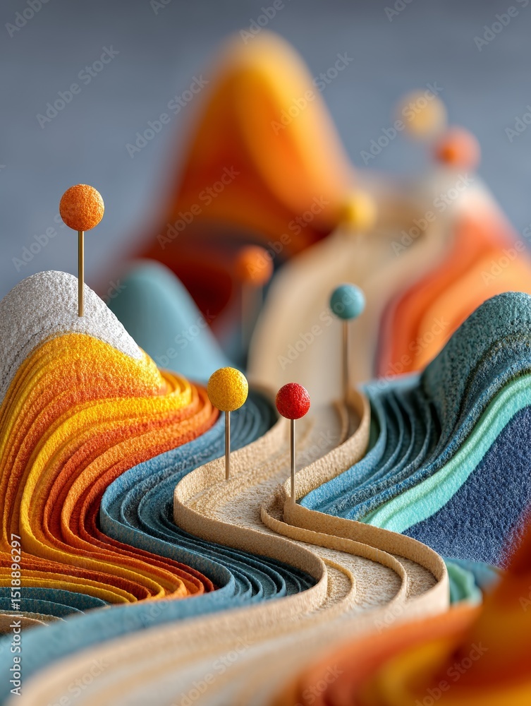 Poster colorful abstract representation of customer journey with curved pathways and peaks