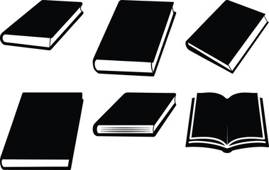 Black and white illustration of several books in various orientations and states