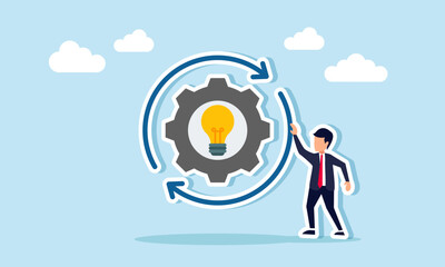 Businessman standing next to a gear with a light sign and surrounding arrows illustration of the need for innovation in business ideas