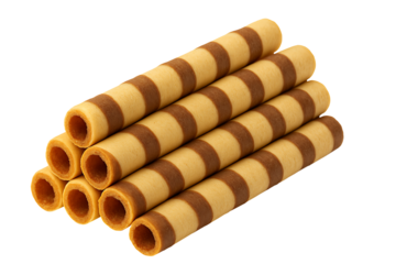 Striped chocolate wafer rolls isolated on transparent background