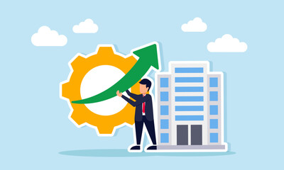 Businessman holding an upward arrow in front of a gear and building illustration of company business system performance improvement
