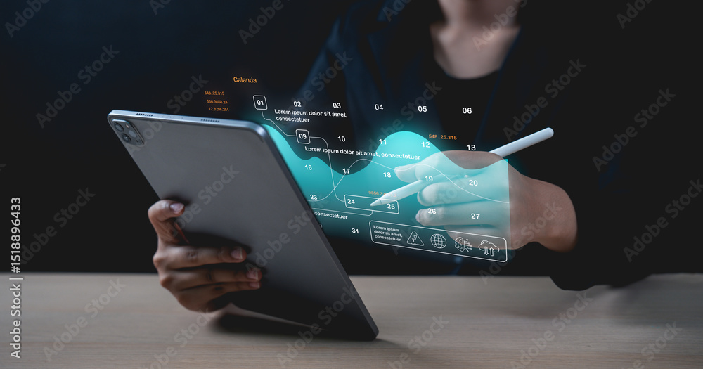 Poster a person interacts with a tablet, analyzing futuristic digital data visualizations with a stylus.
