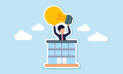 Businessman lifting a light bulb behind a building illustration of managing business ideas and innovation