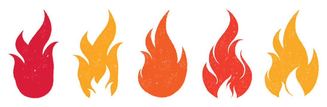 Crayon drawn red fire flames icons collection. Fire flame icon. Crayon vector logo. Hot fire on white background. Flame simple illustration. Graphic heat symbol. Hand drawn doodle flames stickers.