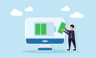 Businessman standing beside a monitor displaying a battery while holding a battery part illustration of recharging business power