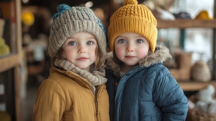 Two children in winter hats and coats