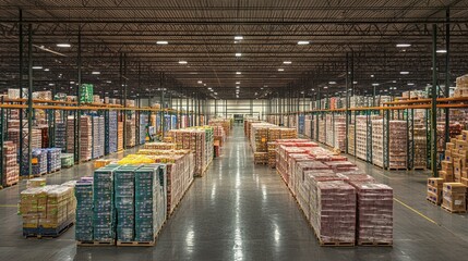 Vast warehouse interior, filled with stacked goods