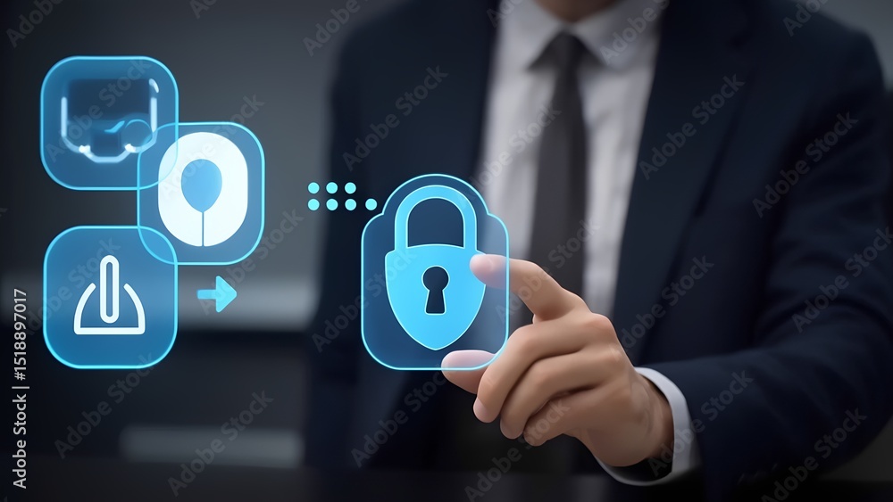 Poster enhancing cybersecurity digital lock interface corporate office technology visualization professiona