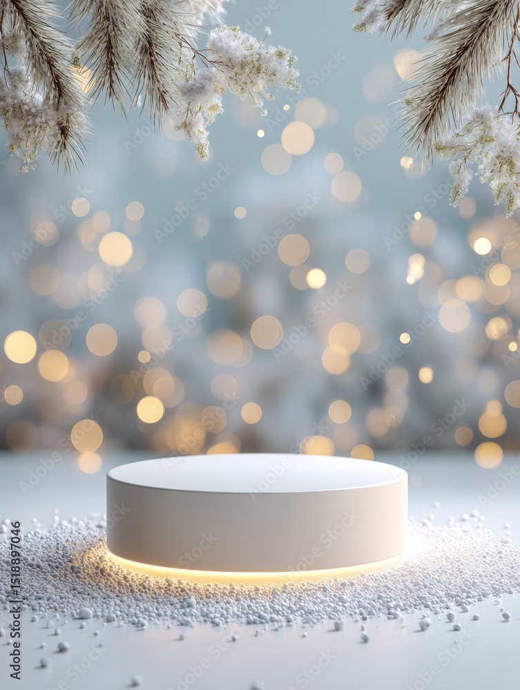Poster cozy winter display podium with round base and soft snowy background