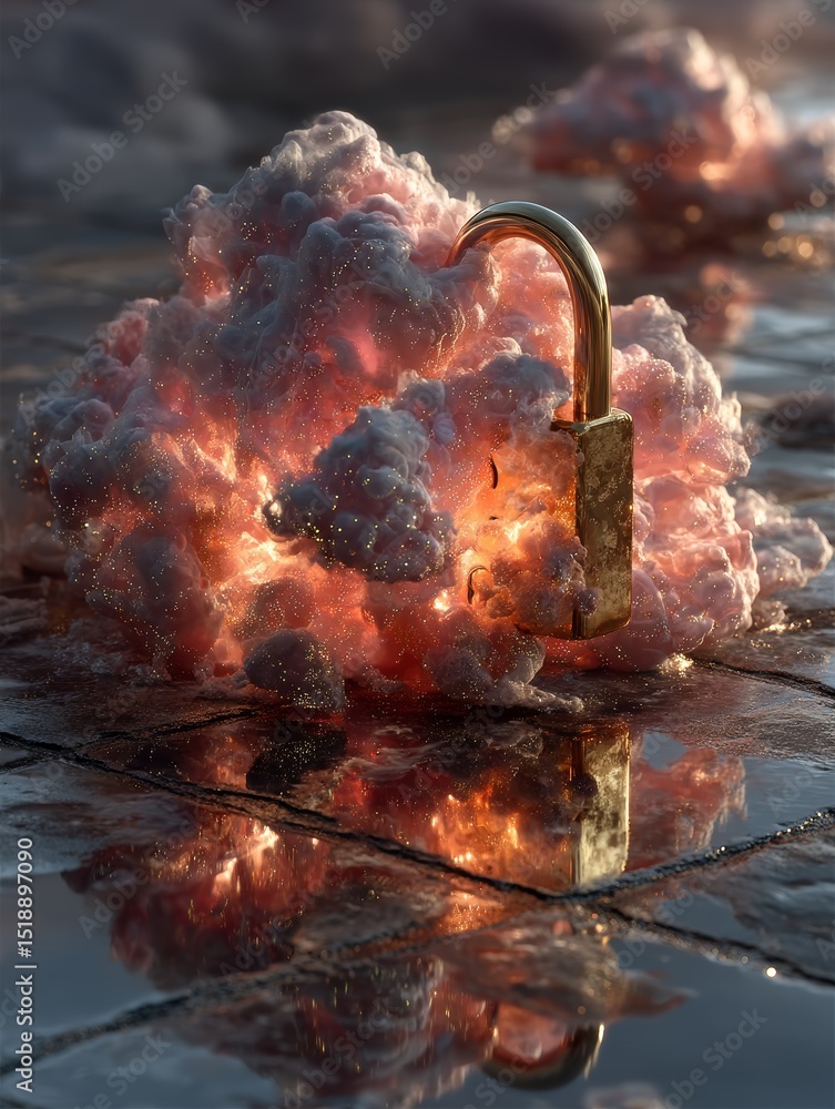 Poster surreal 3d lock over cloud structure with shimmering reflection on wet surface