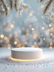 Cozy Winter Display Podium with Round Base and Soft Snowy Background