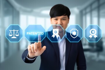 Legal professional reviewing patent process in modern office environment business infographic digital interaction