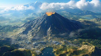 Volcanic landscape with a town below
