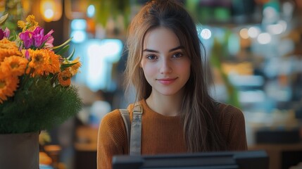 Young woman working at a counter