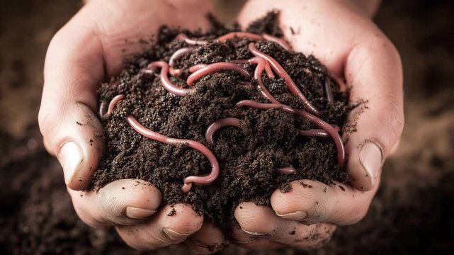 Dirty hands holding moist, nutrient-rich vermicompost filled with red wigglers, close-up of sustainable organic farming and composting practice