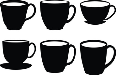 Stylized set of black and white mugs for coffee or tea