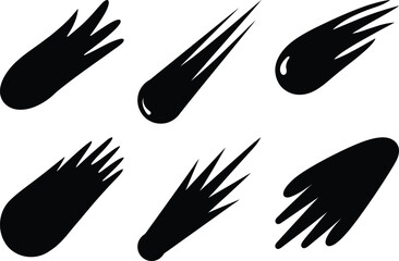 Stylized illustration of six different comet like shapes in silhouette