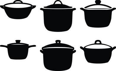 Silhouette icons of six different cooking pots, Set of six black silhouette icons depicting various cooking pots with lids, commonly used for preparing meals in the kitchen.
