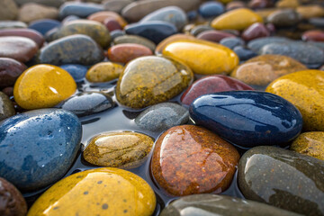Colorful Polished River Stones Close-Up – Glossy Wet Pebbles Macro Photography.