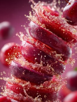 Slices of Fresh Plum with Splashing Water on Colorful Background