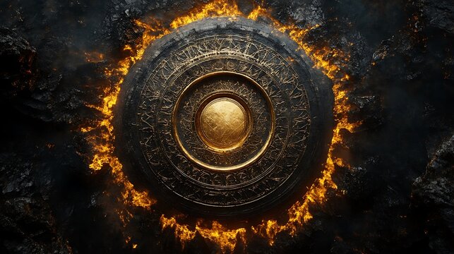 Fiery Mandala: Ornamental Circle Ablaze in Textured Stone and Fire Sparks - Powered by Adobe