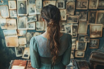 Reflective woman examining vintage photographs in a nostalgic room