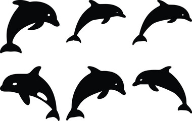 A group of stylized black silhouette dolphins swimming in a playful manner