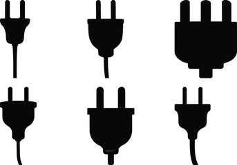 Collection of electrical plugs and adapters, black silhouettes on a white background
