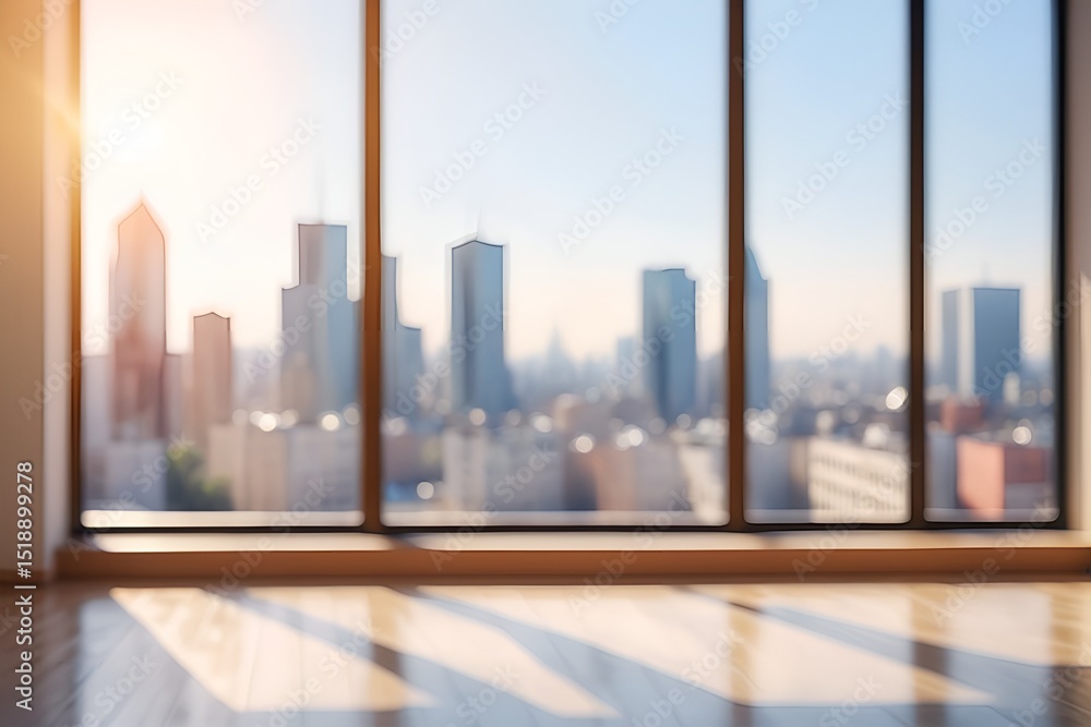 Poster sunlight streams through the office window revealing a distant skyline in soft, diffused focus.