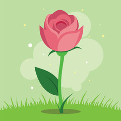 Elegant pink rose cartoon illustration with grass and green background