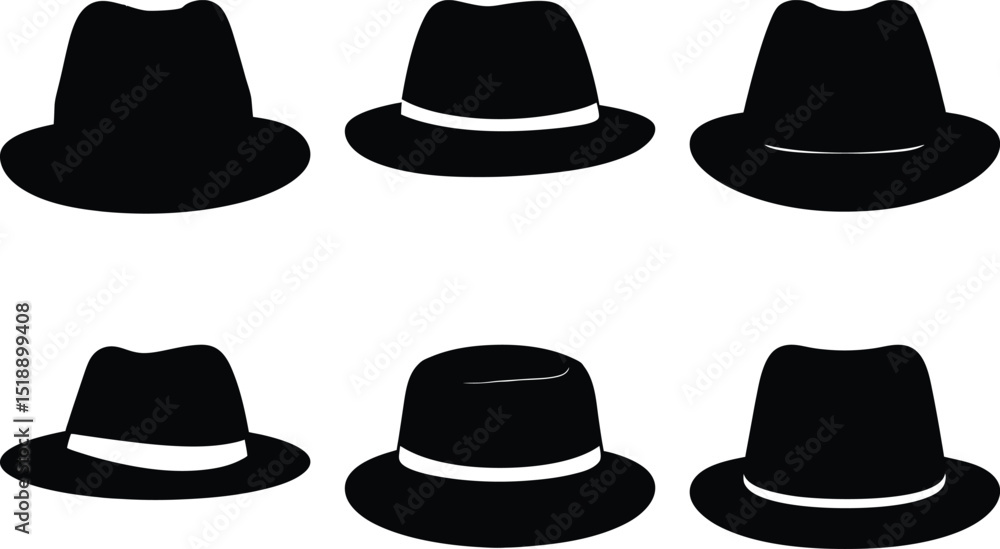 Poster collection of black fedora hats in different styles and variations on display