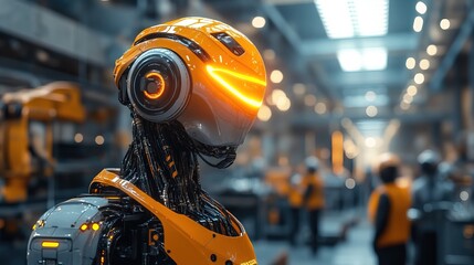 A neon-glowing humanoid robot collaborating with human workers in a factory