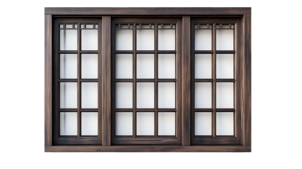 Classic dark wooden window with many panes isolated on transparent background