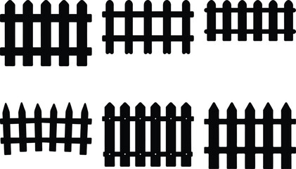 Black Silhouette Image of Six Different Styles of Wooden Fences