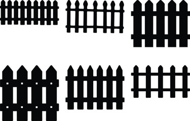 A collection of black silhouettes showcasing various designs of fences on a white background