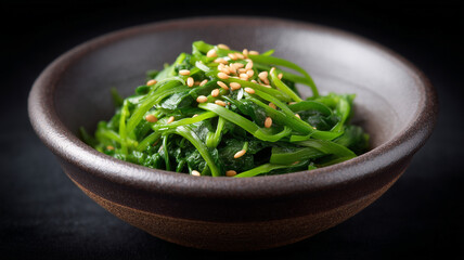 Blanched spinach tossed with sesame oil and seeds.