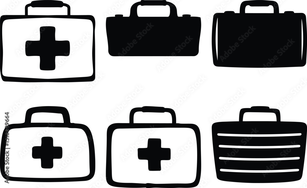 Poster six stylized first aid kit vector images arranged in a grid pattern