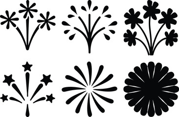 Six black silhouette floral and starburst designs set, Collection of six black silhouette designs featuring stylized flowers, star shapes, and decorative bursts in abstract patterns.
